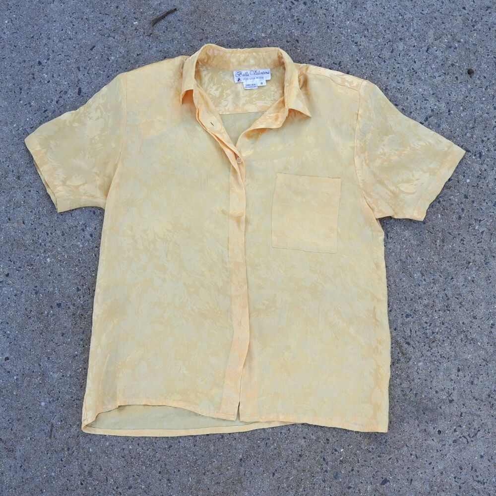 VTG 80s Balla Valentina Yellow Silk Floral Blouse M Removable Shoulder Pads Top